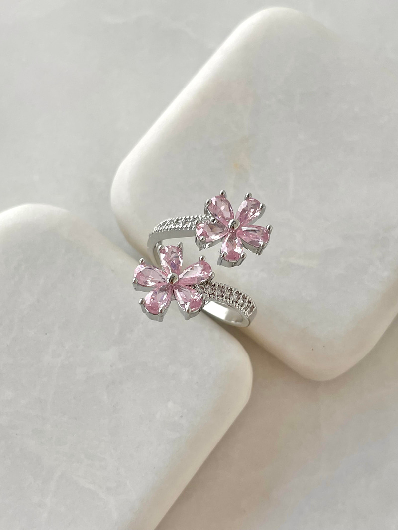Altın Kaplama İkili Pembe Çiçek Yüzük Gümüş