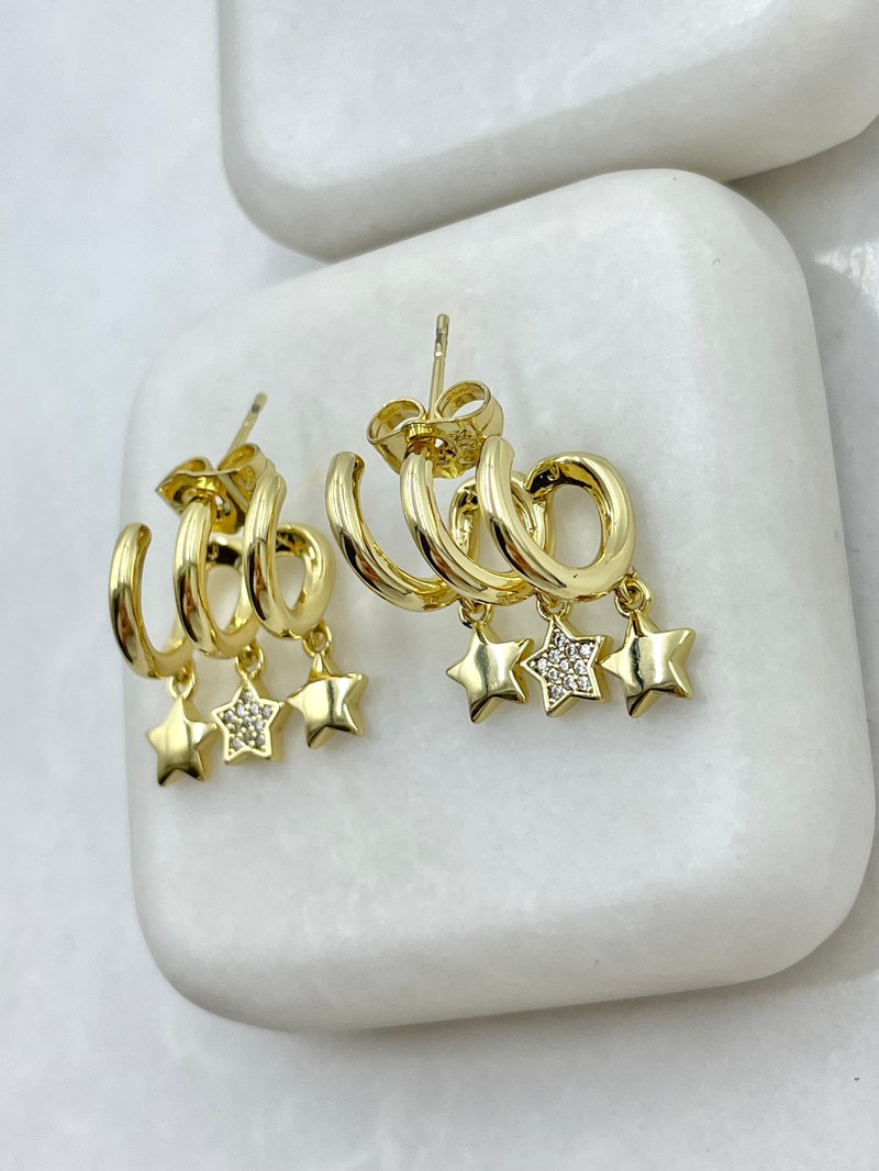 Özel Seri Üçlü Görünüm Gömme Taşlı Yıldız Küpe Gold