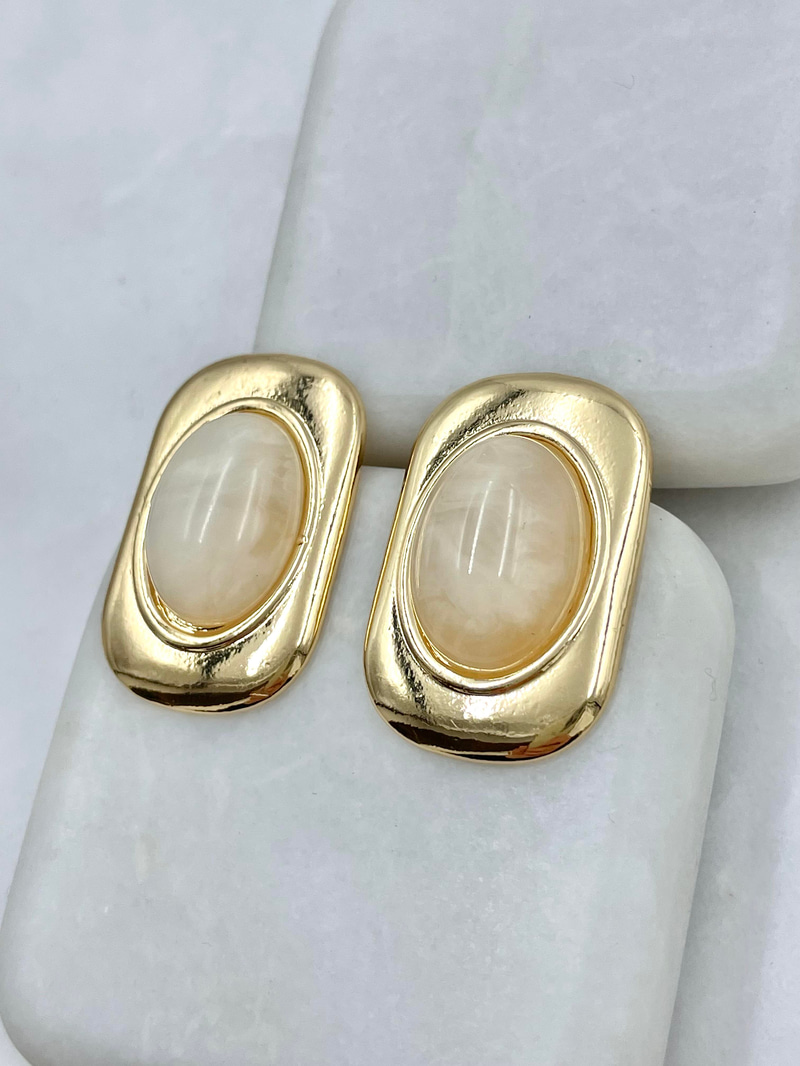 Altın Kaplama Gold Plaka Opal Taşlı Vintage Küpe Bej