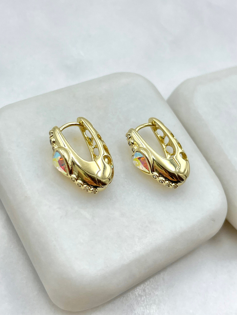 Özel Seri Sıralı Gömme Taş Swarovski Kalp Küpe Gold