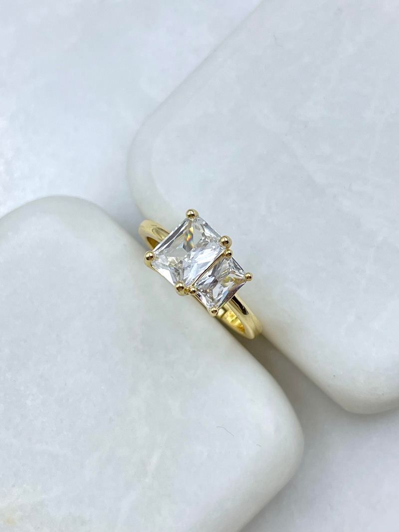 Altın Kaplama Büyük Küçük Kristal Taşlı Yüzük Gold