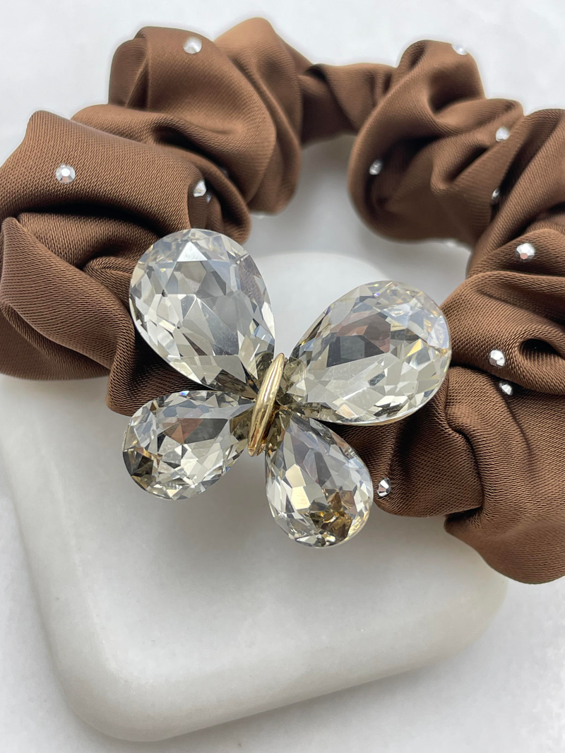 Kristal Kelebekli Premium Scrunchie Toka Kahve
