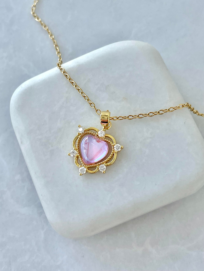 Çelik Hologramlı Kalp Kolye Pembe-Altın