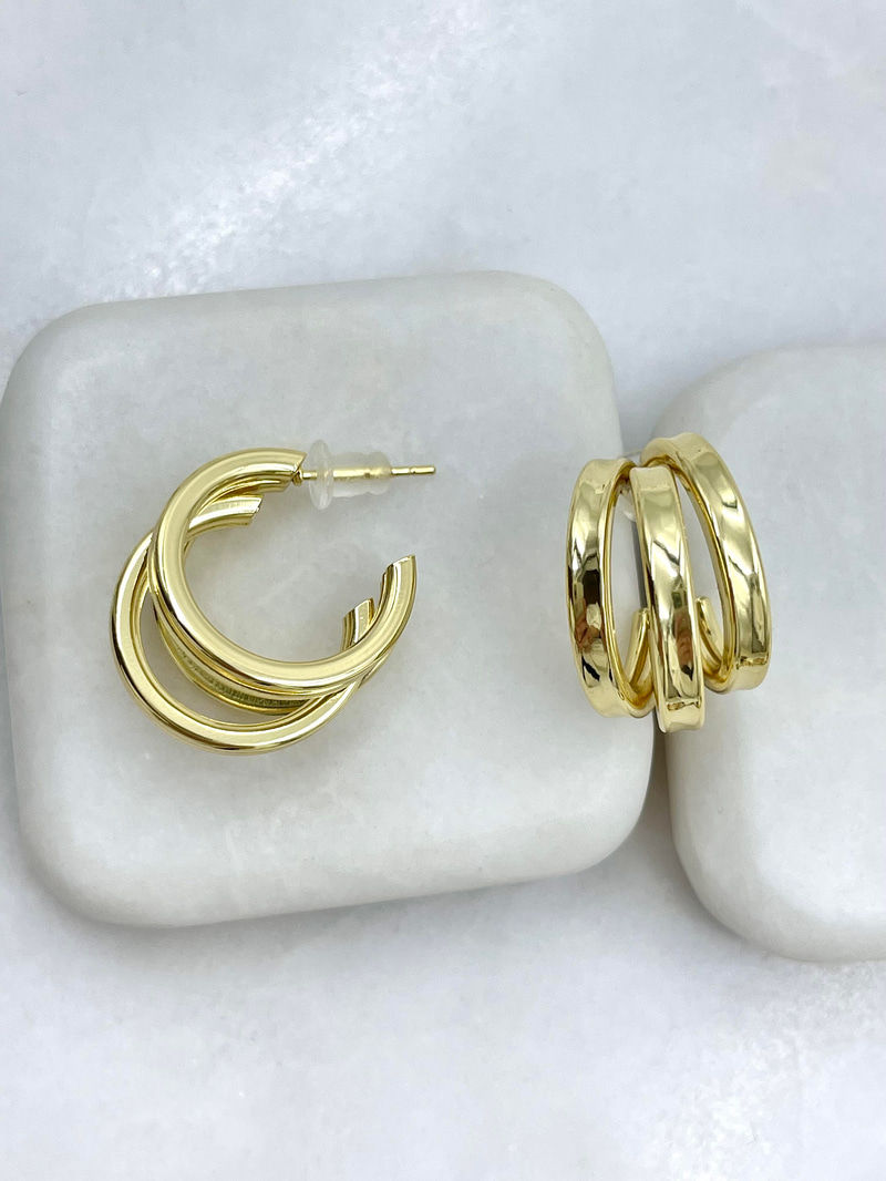 Altın Kaplama Köşeli Üçlü Görünüm Halka Küpe Gold