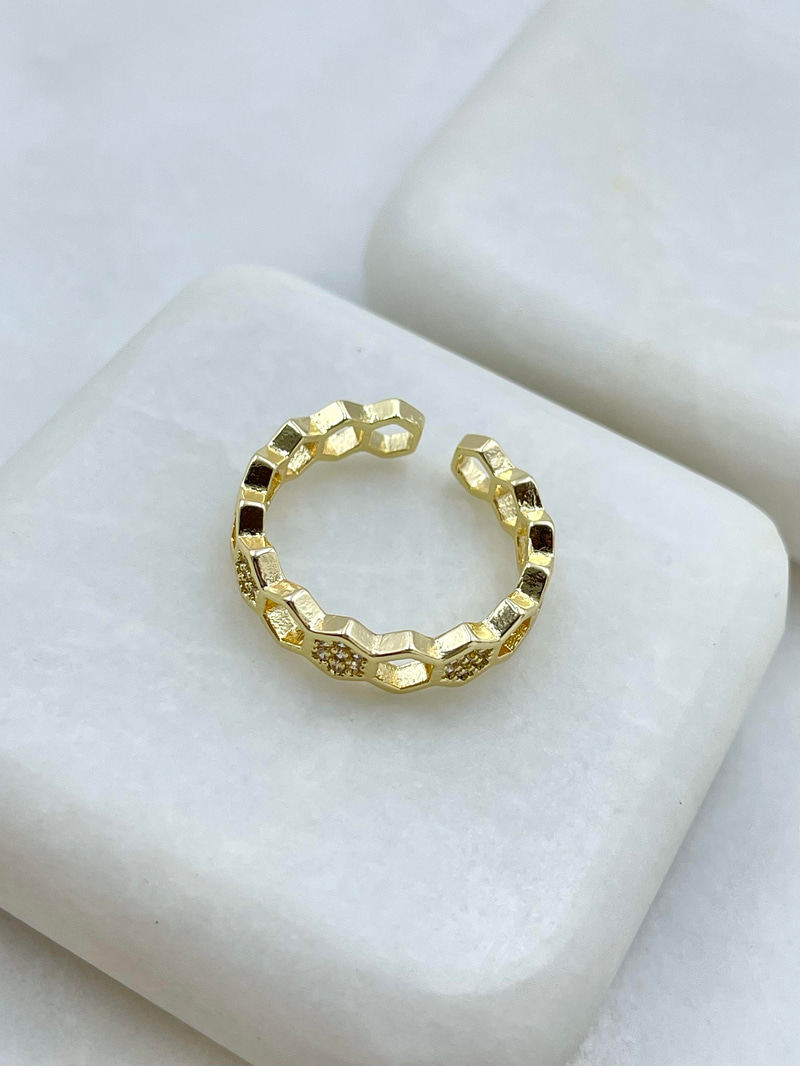 Altın Kaplama Gömme Taşlı İçi Boş Altıgen Yüzük Gold