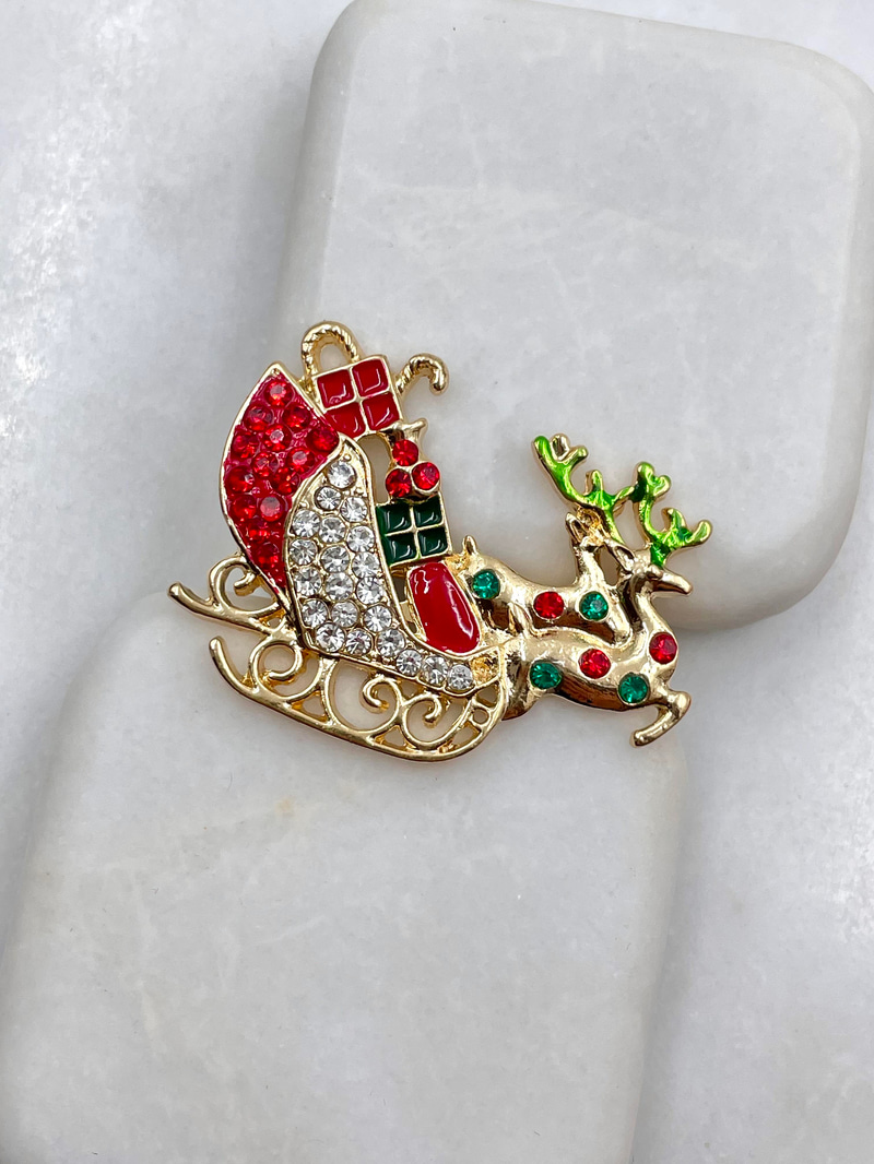 Geyikli Yılbaşı Kızağı Broş Gold