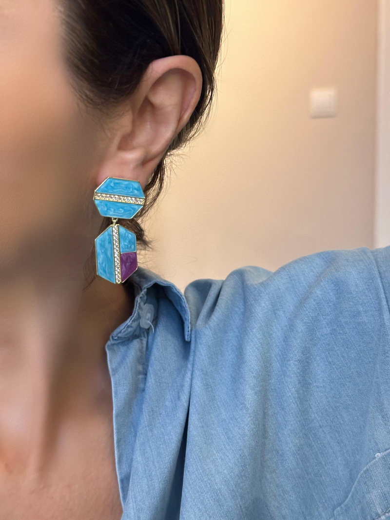 Altın Kaplama Gömme Taşlı Sedefli Tasarım Küpe Mavi