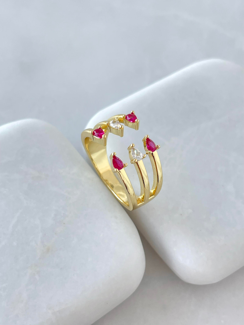 Altın Kaplama Bordo Kristal Taşlı Üçlü Yüzük Gold