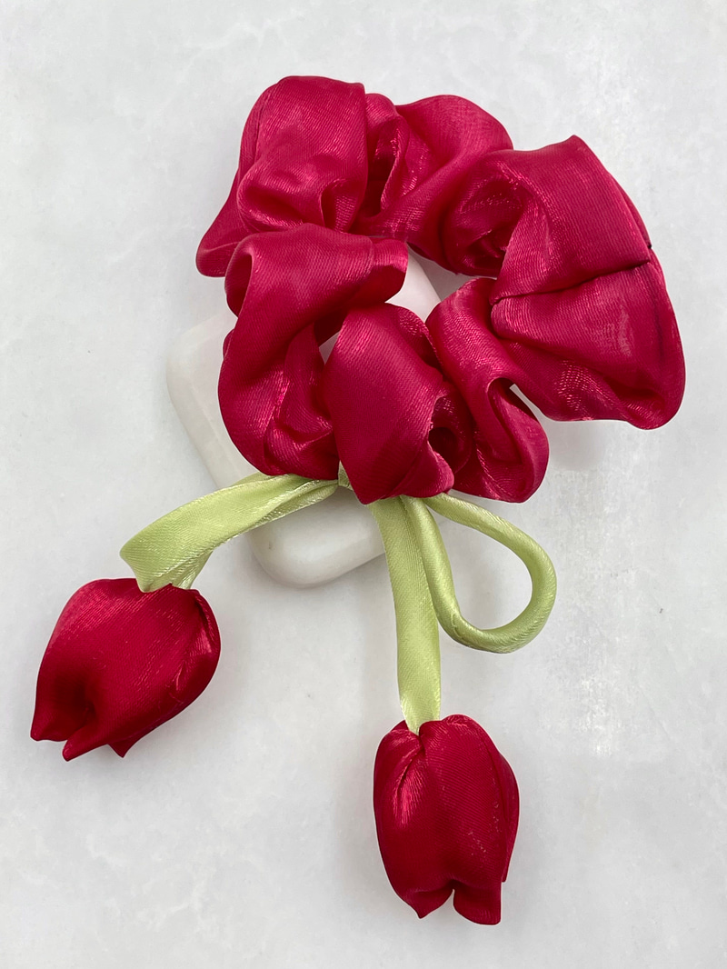 İkili Lale Model Scrunchie Toka Bordo