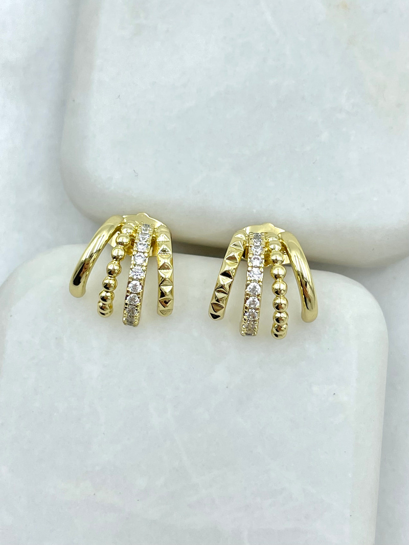 Özel Seri Dörtlü Görünüm Topçuk ve Kristal Taşlı Küpe Gold