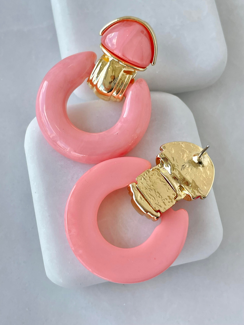 Gold Detaylı Epoksi Vintage Küpe Pembe