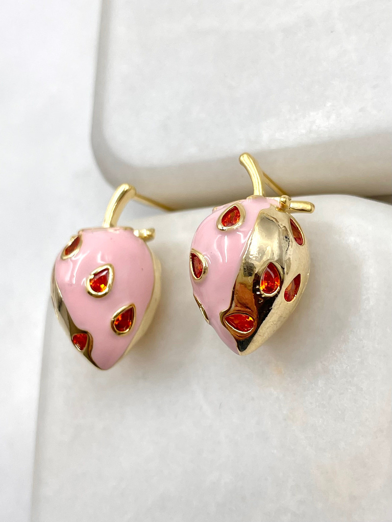 Pembe Mineli Çilek Küpe Gold