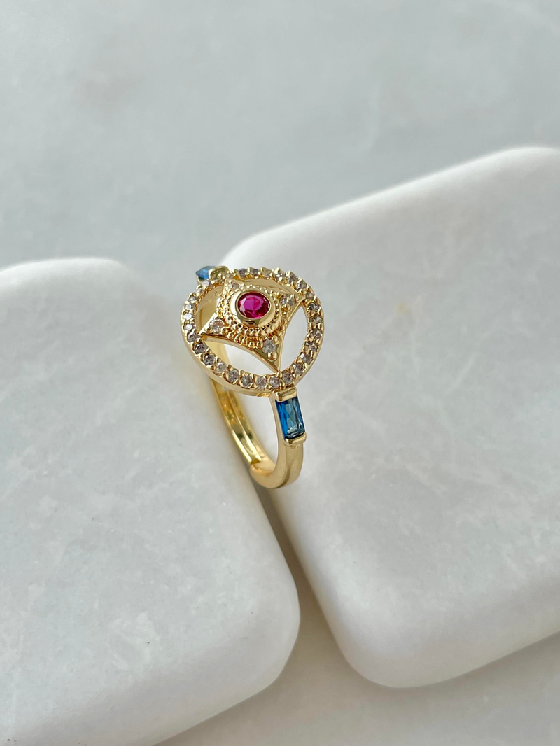 Altın Kaplama Renkli Kristal Taşlı Daire Yüzük Gold