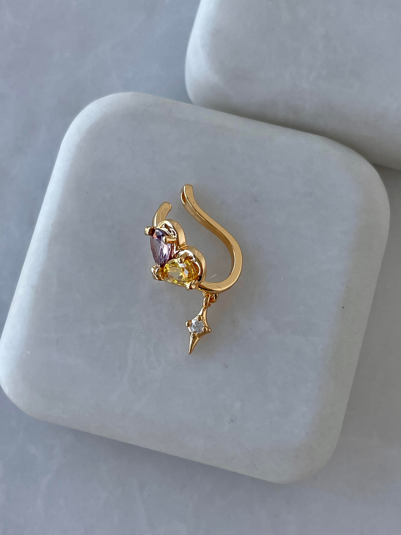 Altın Kaplama Sarı ve Mor Kristal Taşlı Kalp Kıkırdak Küpe Gold