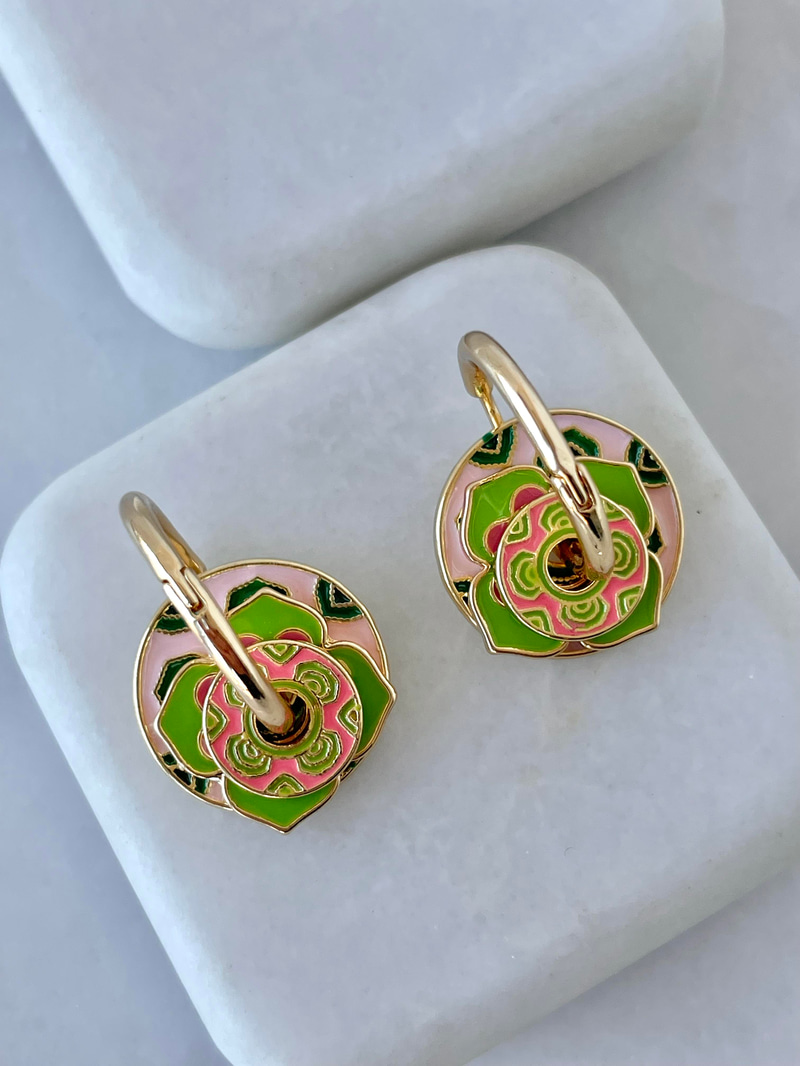 Charmlı Çiçek Model Küpe Yeşil-Pembe