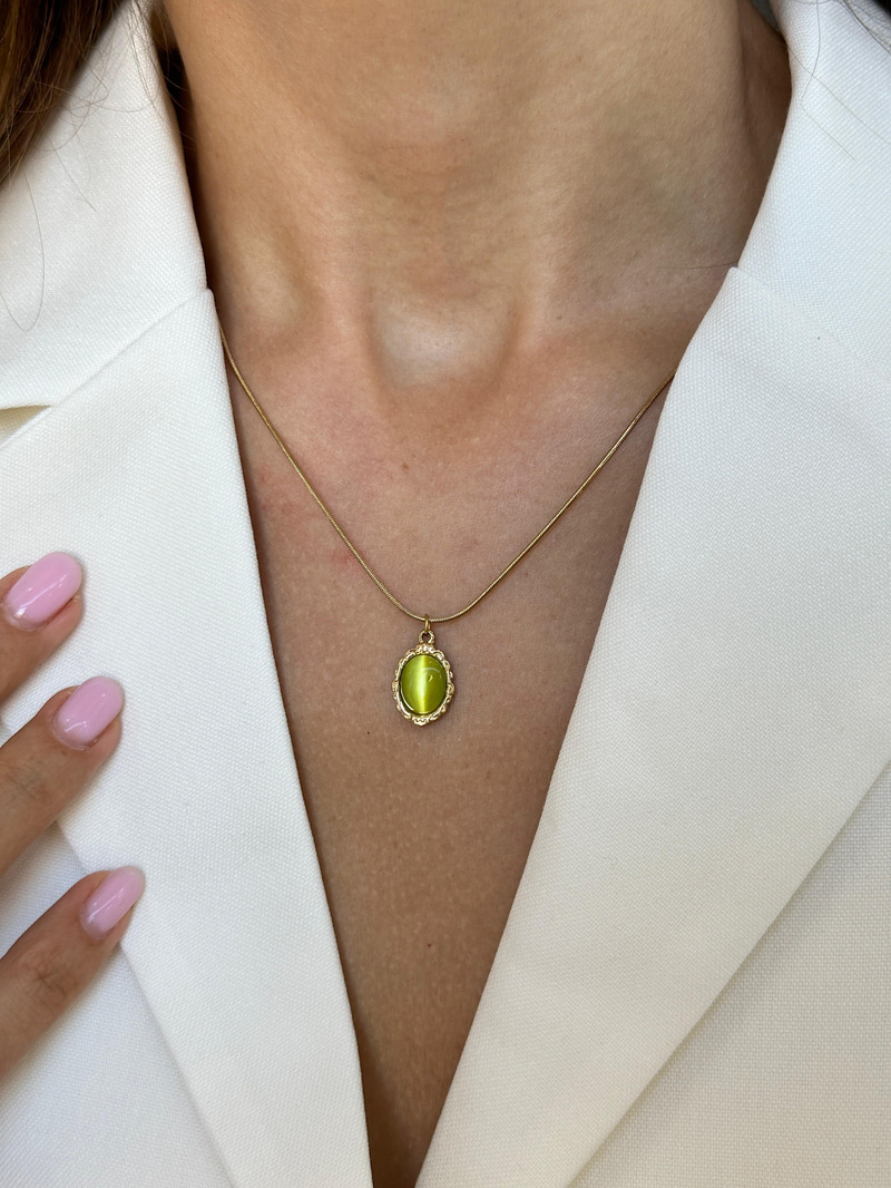 Çelik Opal Taşlı Etnik Desen Kolye Yeşil-Gold