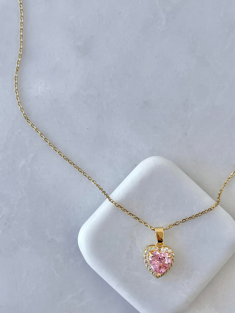 Çelik Kristal Kalp Uçlu Zincir Kolye Pembe