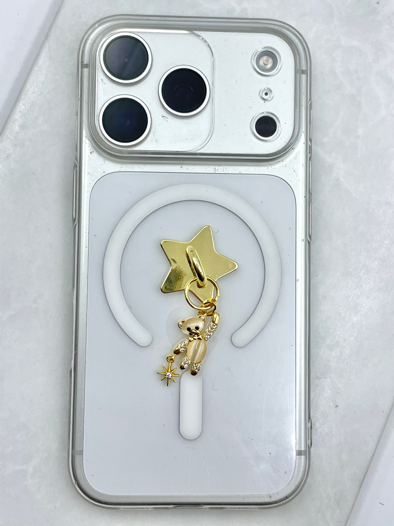 Opal Taşlı Ayıcık Sallantılı Telefon Charmı Gold