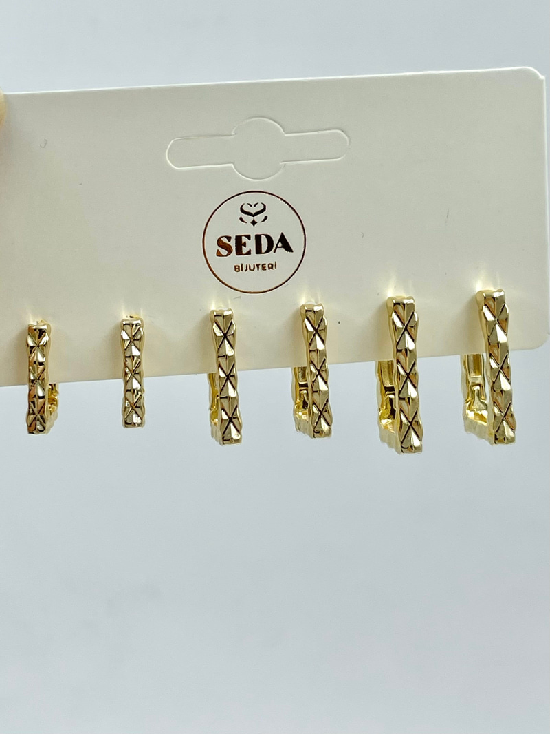 X Desenli Dikdörtgen Altılı Küpe Seti Gold