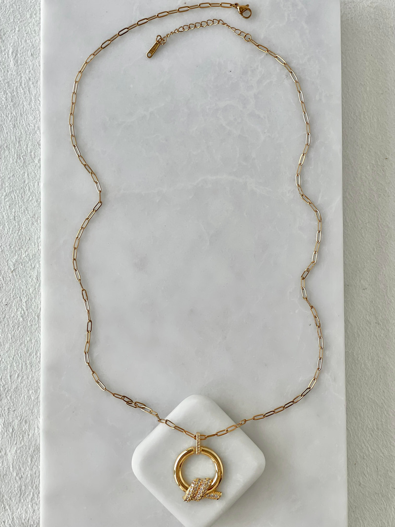 Çelik Gömme Taşlı Tasarım Daire Kolye 60 cm