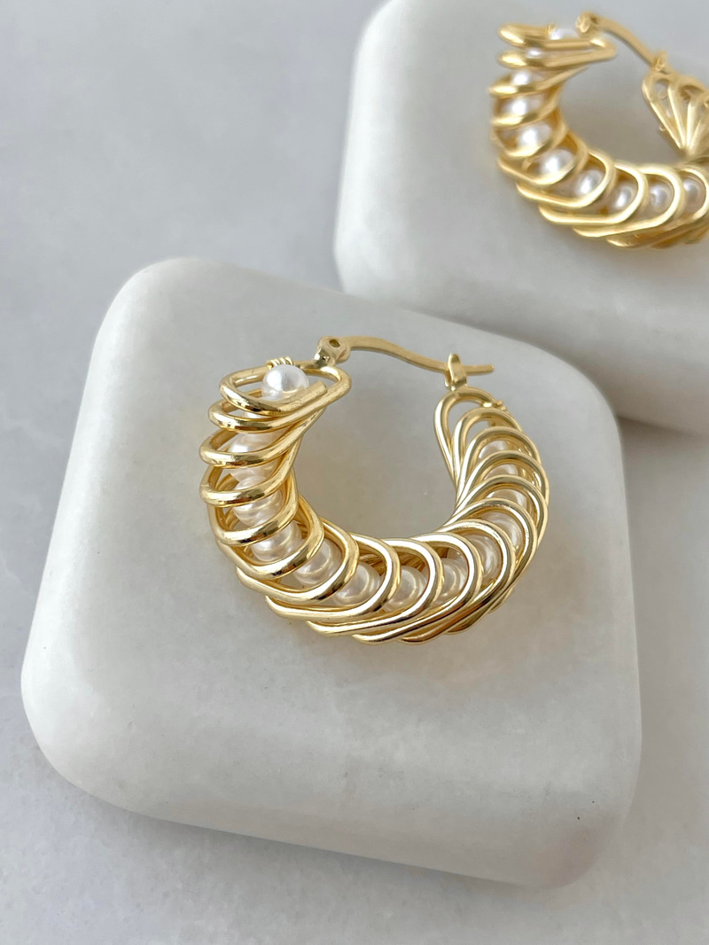 Altın Kaplama Oval Halkalı İnci Küpe Gold