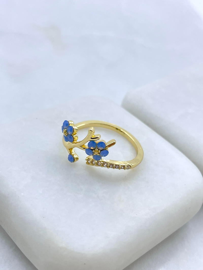 Altın Kaplama Mavi Taşlı Çiçek Yüzük Gold