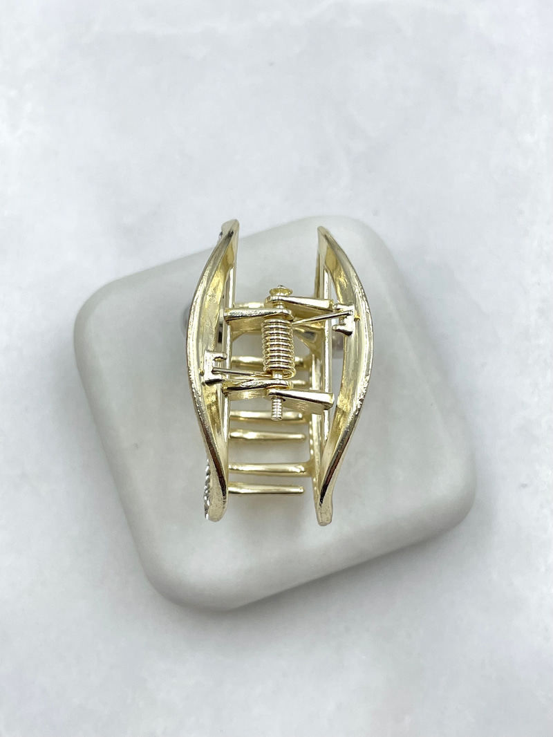 İnci ve Kristal Taşlı İçi Boş Oval Mandal Toka Gold