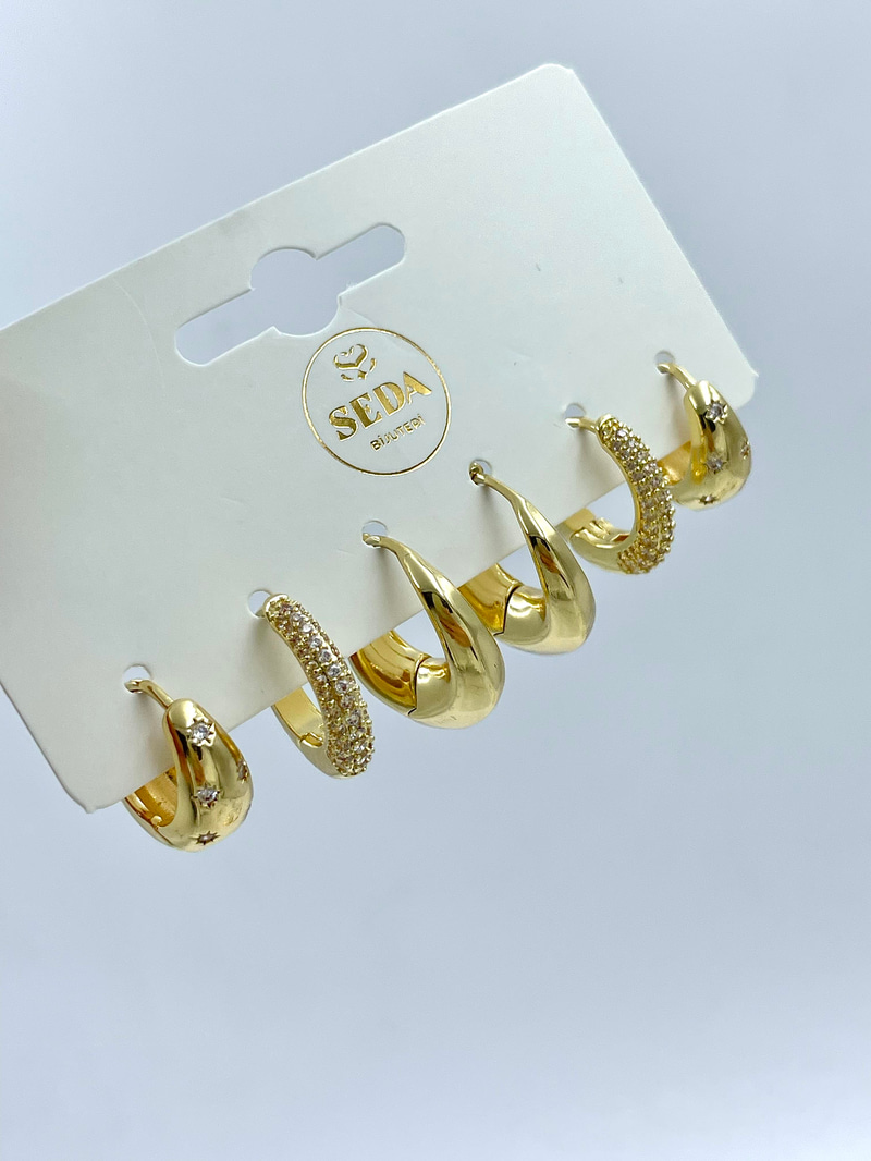 Altın Kaplama Altılı Zirkon Taşlı Bombe Halka Küpe Seti Gold
