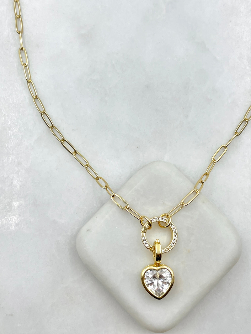 Kalp Kristal Sallantılı Ataç Zincir Kolye Gold