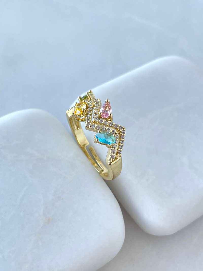Altın Kaplama Renkli Kristal Taşlı ZikzakYüzük Gold