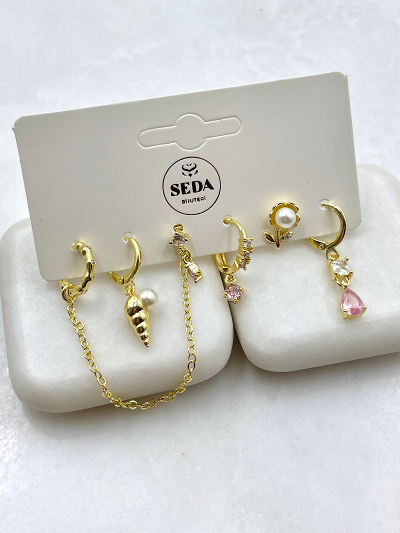 İncili ve Pembe Kristal Taşlı Altılı Set Küpe Gold