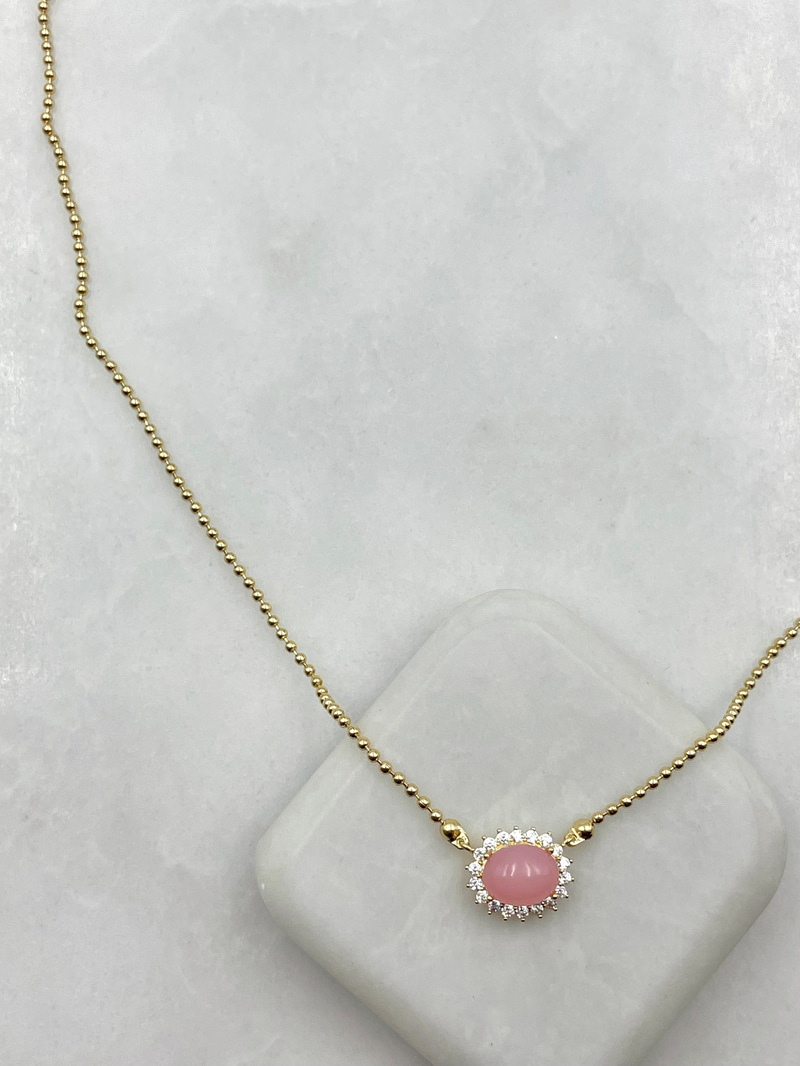 Pembe Opal Taşlı Topçuk Zincir Kolye Gold