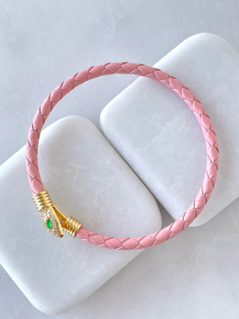 Altın Kaplama Zirkon Taşlı Yılan Model Suni Deri Bileklik Pembe