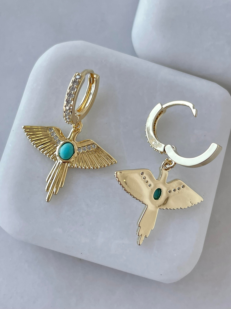 Altın Kaplama Mavi Taşlı Anka Kuşu Küpe Gold