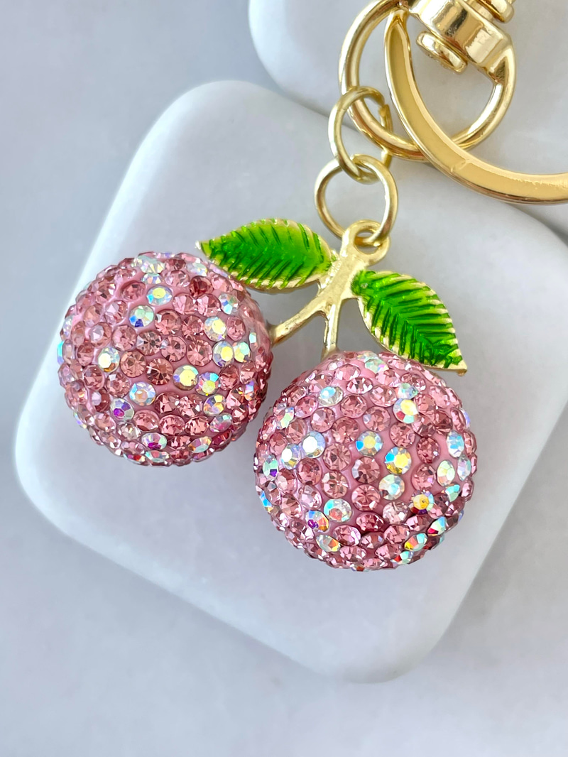 Kristal Taşlı Kiraz Anahtarlık Pembe