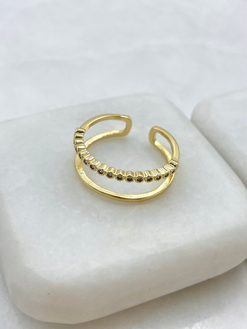 Düz ve Gömme Taşlı İkili Görünüm Yüzük Gold