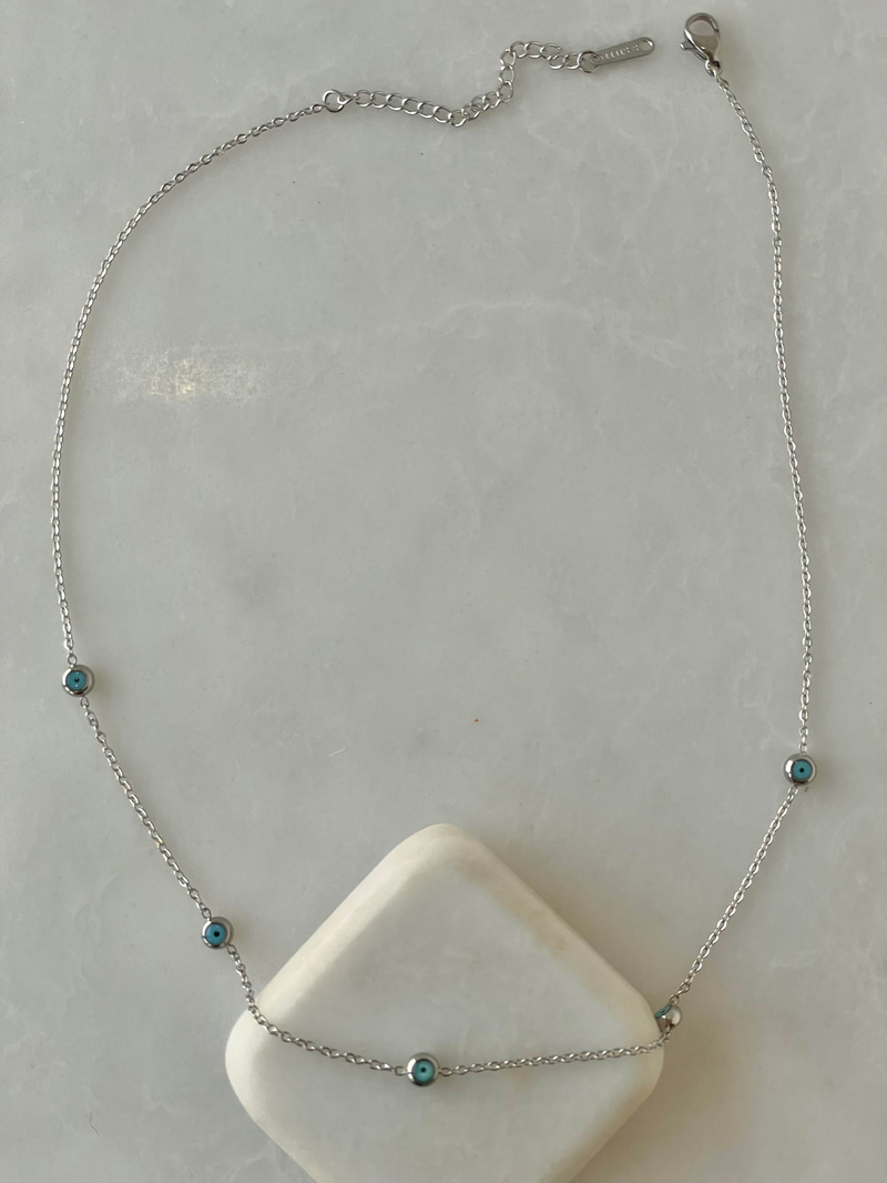 Çelik Beşli Minimal Nazar Boncuklu Kolye Gümüş