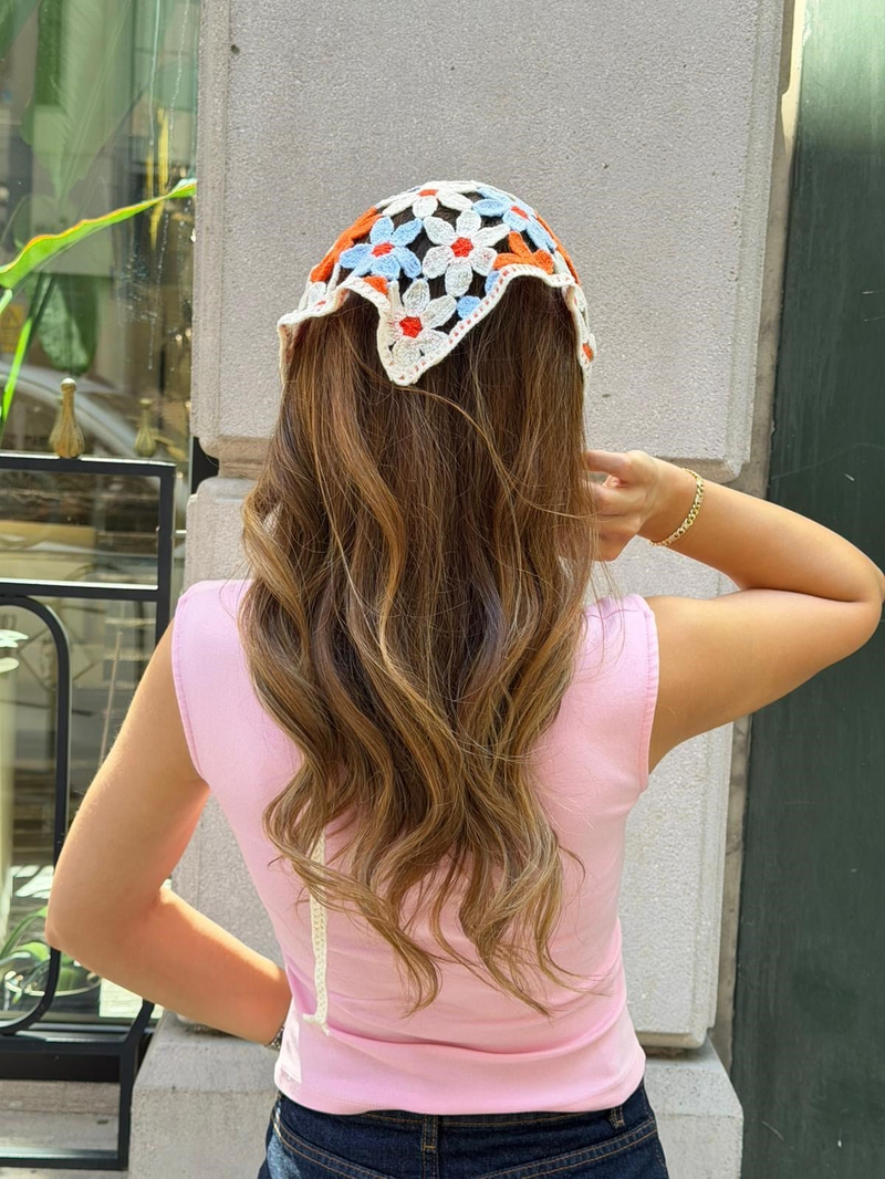 Papatya Motifli Örgü Bandana Turuncu