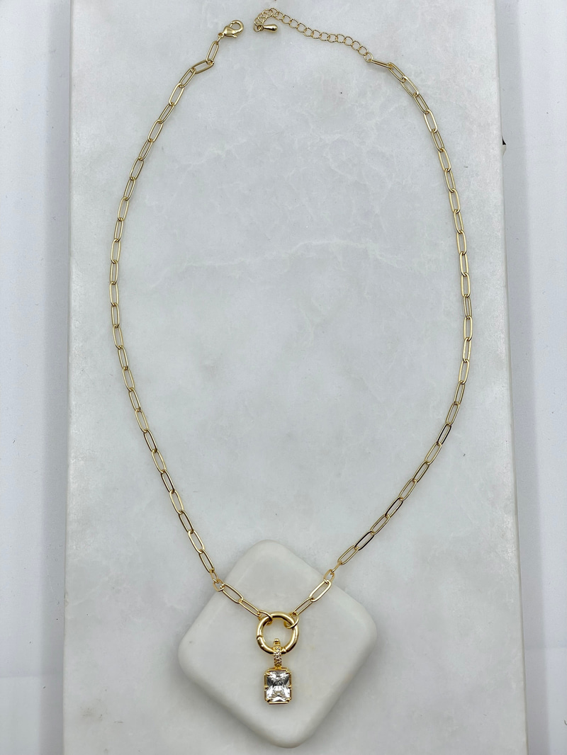 Dikdörtgen Kristal Sallantılı Ataç Zincir Kolye Gold