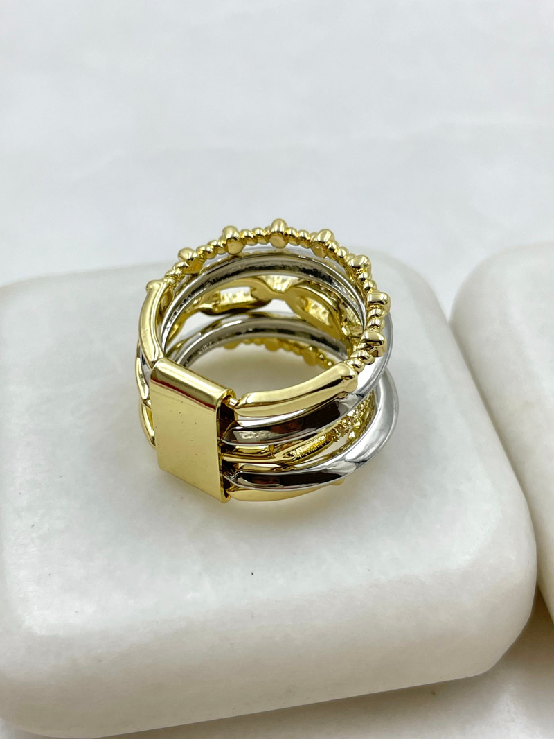 Beşli Gömme Taşlı Çift Renk Tasarım Yüzük Gold