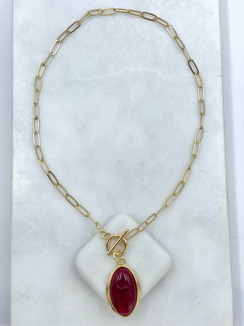 Altın Kaplama Oval Doğal Taşlı Önden Kilit Vintage Kolye Bordo