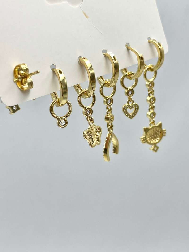 Gömme Taşlı Kedi Model Altılı Set Küpe Gold