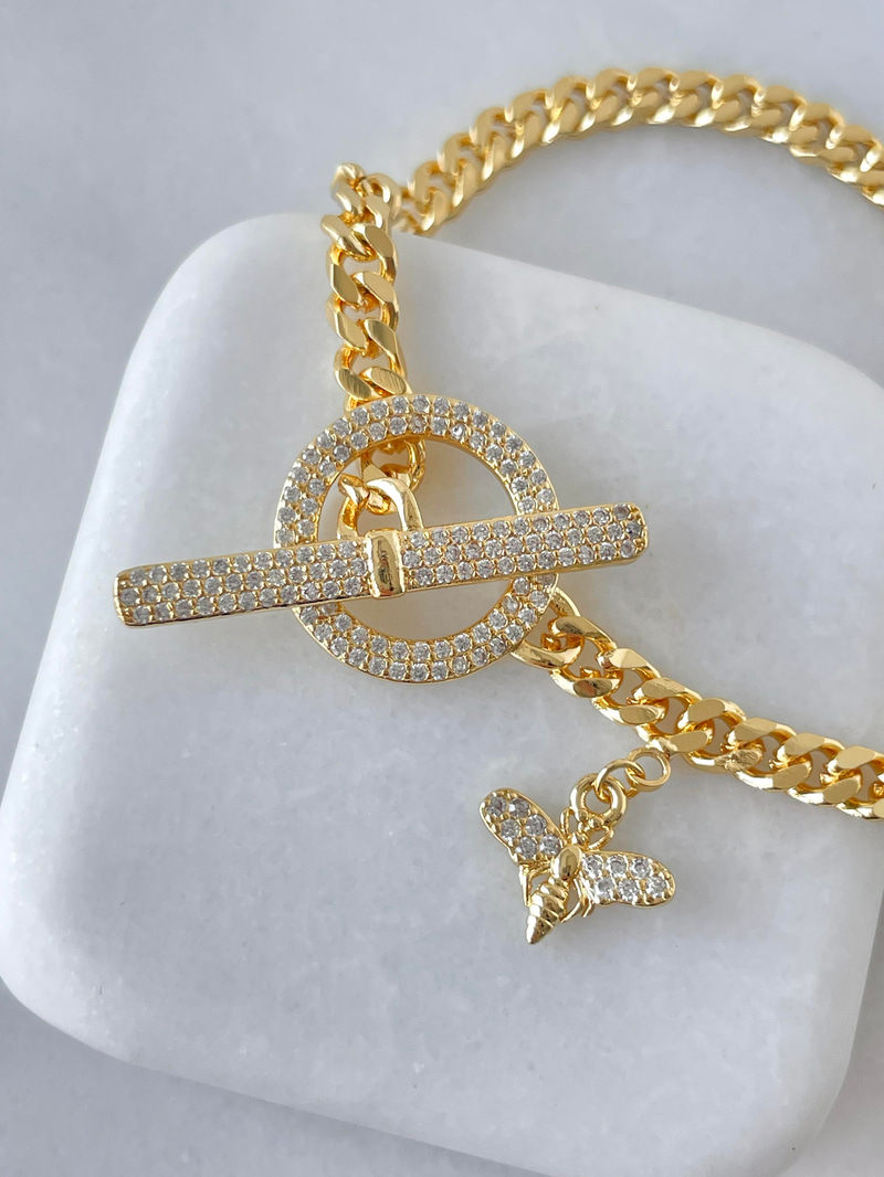 Altın Kaplama Gömme Taşlı Kilit Model Bileklik Gold
