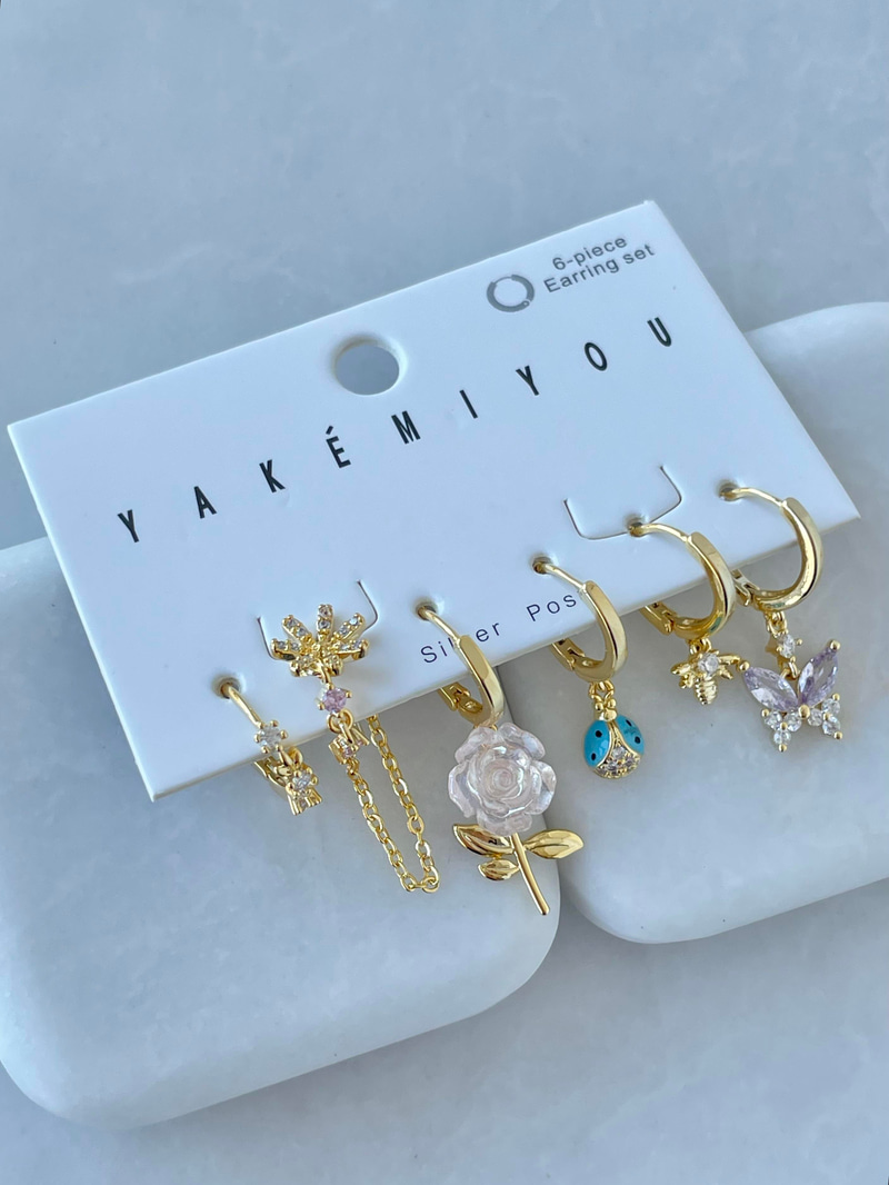 Özel Seri Altılı Kelebek ve Gül Model Küpe Gold