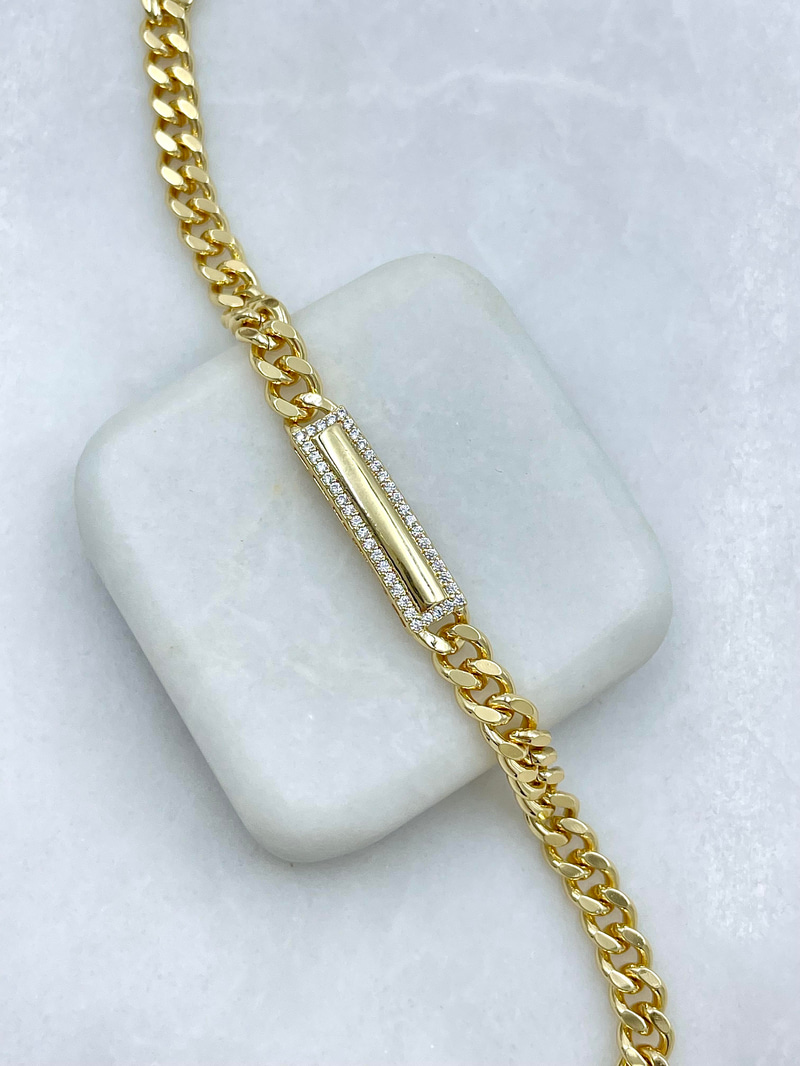 Altın Kaplama Kristal Taşlı Dikdörtgen Plaka Zincir Bileklik Gold
