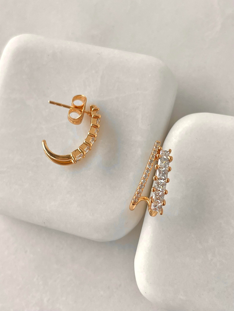 Özel Seri Kare ve Gömme Taşlı İkili Görünüm Küpe Gold