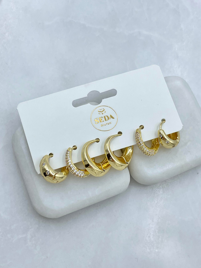 Altın Kaplama Altılı Zirkon Taşlı Bombe Halka Küpe Seti Gold
