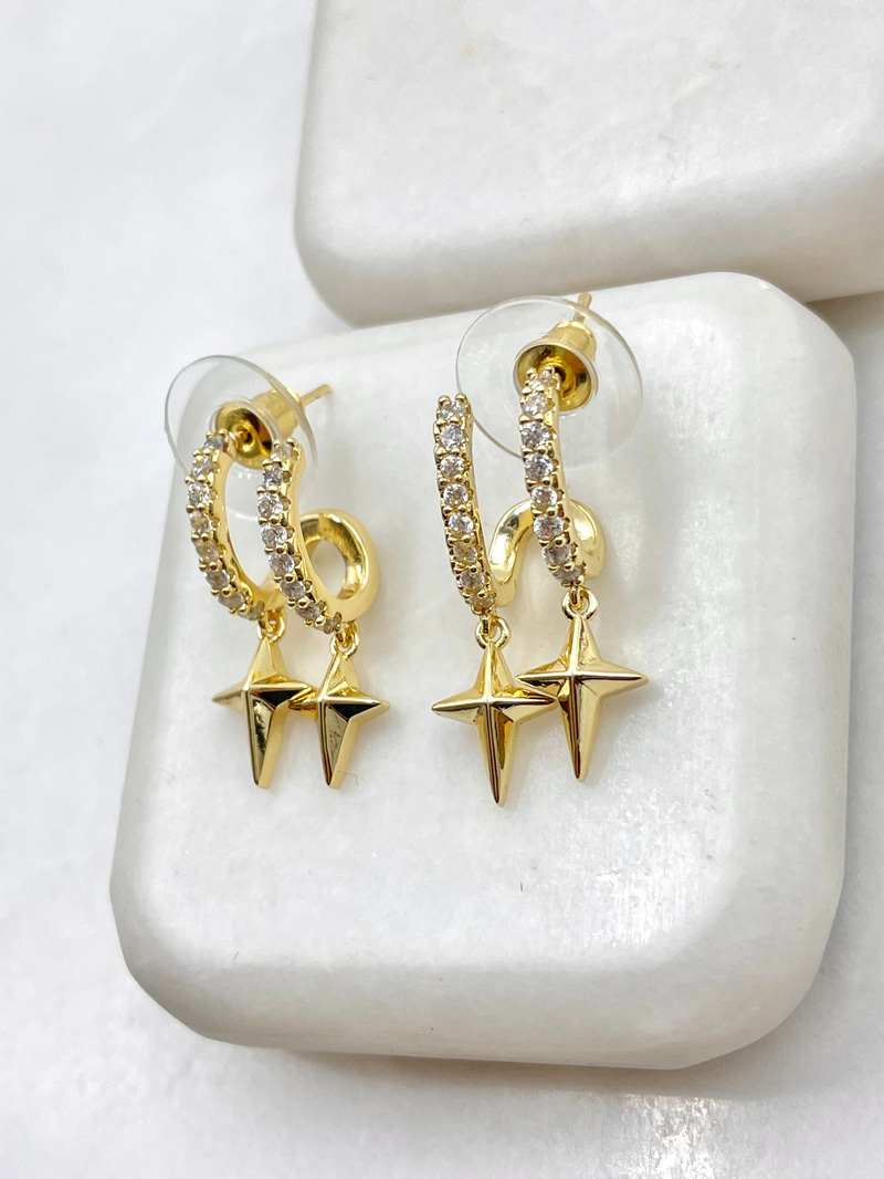 Kuzey Yıldızı Sallantılı İkili Görünüm Küpe Gold