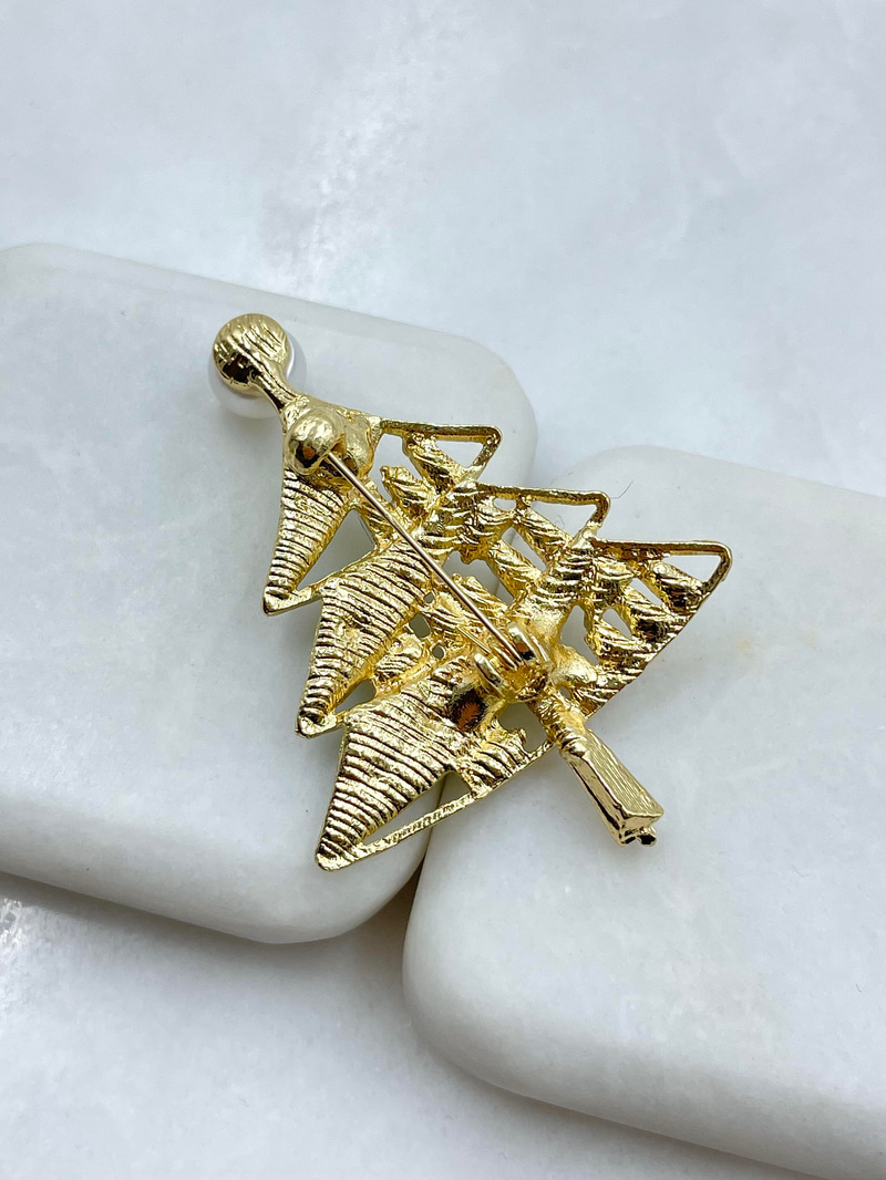 Baget Kristal Taşlı Yılbaşı Ağacı Broş Gold