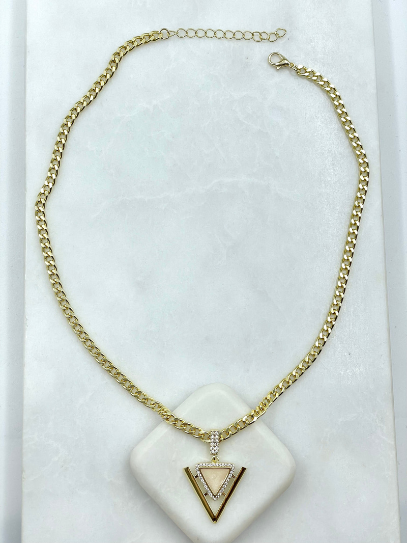 Sedefli Üçgen Sallantılı Zincir Kolye Gold
